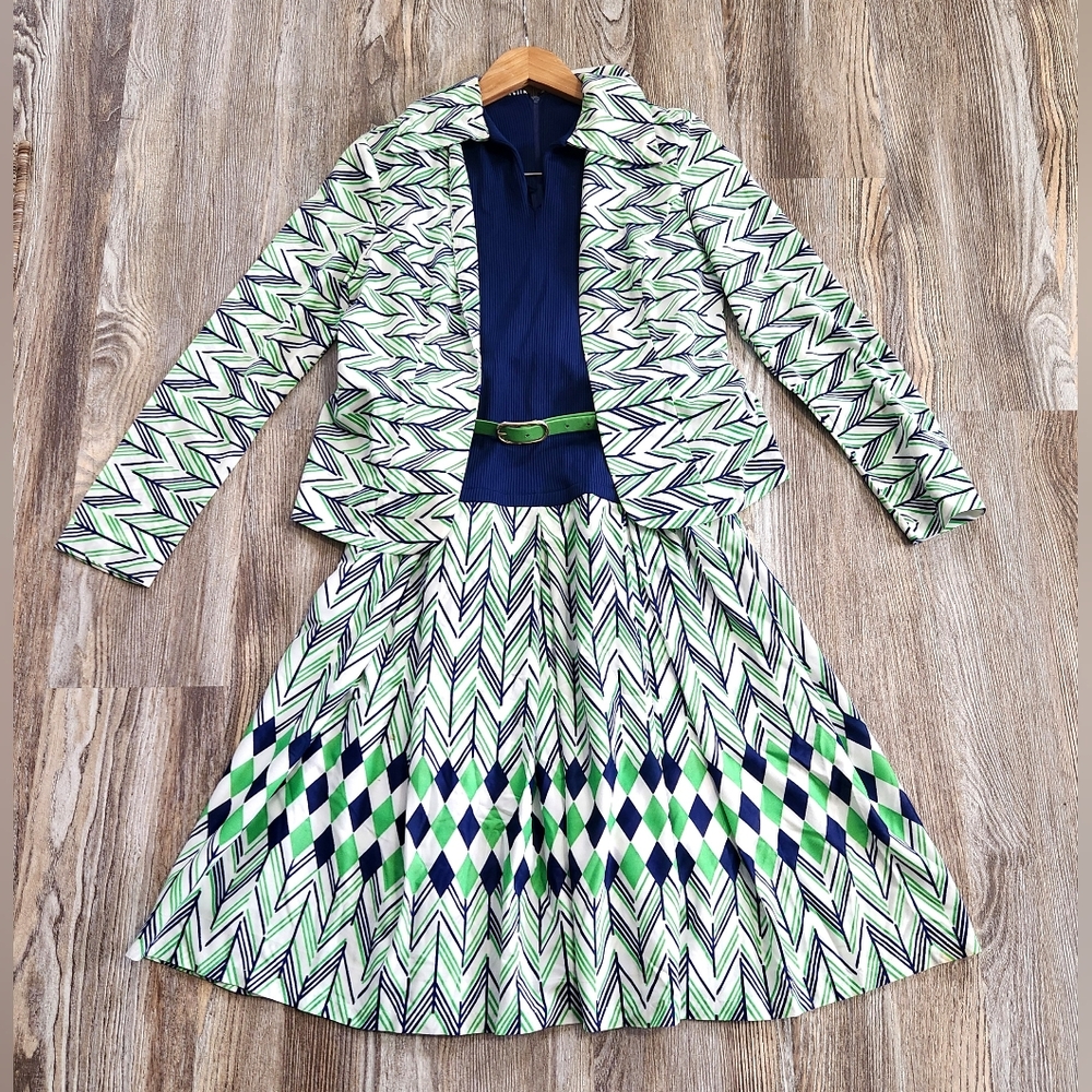 Vintage 70s L'AiGLon Mod Two Piece Dress Jacket Set Womens M Drop Waist Retro